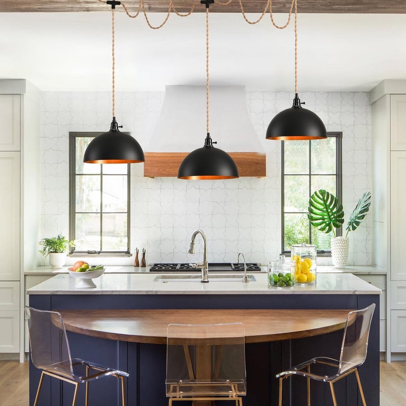 KENMI 3-Light Hanging Light with Plug in Cord,Plug in Pendant Light 22ft Hemp Rope Pendant Lighting Vintage 3-Light Hanging Lamp Fixtures for Kitchen Island Living Room Bedroom - Image 3